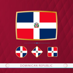 Set of Dominican Republic flags with gold frame for use at sporting events on a burgundy abstract background.