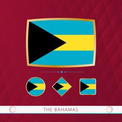 Set of The Bahamas flags with gold frame for use at sporting events on a burgundy abstract background.