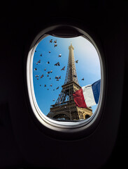Landscape of Paris with Eiffel Tower, French flag and flying birds, view from a porthole window of airplane. Concept for travel agency, airlines company or passenger transport of France.