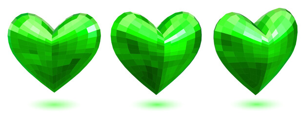 Set of three volume faceted hearts in green colors with shadows on white background