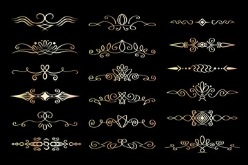 Abstract luxury text dividers, isolated on black background. Linear elegant ornaments, vintage design element collection. Dividers, paragraph separators, flourish, calligraphic style.