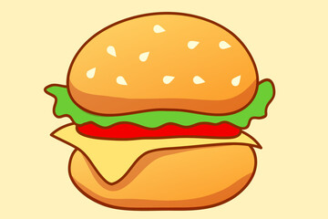 Testy hamburger cartoon illustration. Hamburger with cheese, salad and tomato. 
