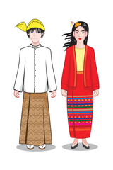 Myanmar male and female costume in traditional dress drawing in cartoon vector