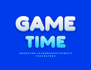 Vector bright sign Game Time. Blue 3D Font. Artistic Alphabet Letters and Numbers set