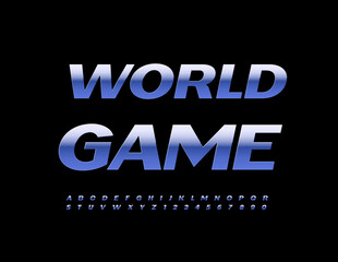 Vector silver emblem World Game. Metallic gradient Font. Artistic Alphabet Letters, Numbers and Symbols set