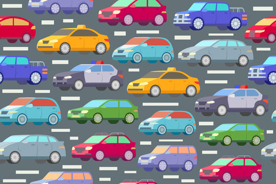 Traffic pattern with colorful cars. Automobiles on a street, seamless repeating traffic pattern.