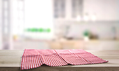 Checkered towel on wooden table. Food design layout. Tabletop. Meal advertisement background.