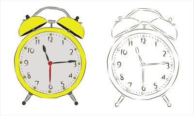 Old yellow and black and white alarm clock. Drawn alarm clock.