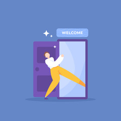 a new employee or worker enters a new workplace. a new member entered a door. enter a new zone or place. join and welcome. illustration concept design. graphic elements