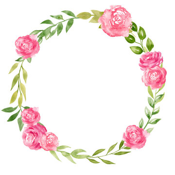 Watercolor drawing of a Flower Wreath of pink rose buds and green leaves on isolated background. Hand drawn botanical illustration of round frame for wedding invitations or greeting cards templates