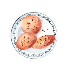 Cookies with chocolate chips on a ceramic plate. watercolor hand drawn illustration