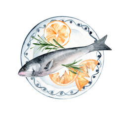 Trout with lemon and rosemary on a ceramic plate. watercolor hand drawn illustration