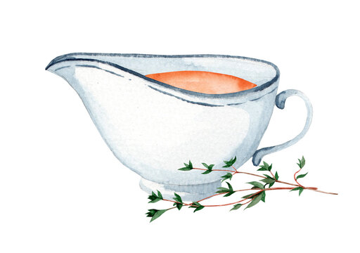 Rustic white ceramic vintage gravy boat. Sauce with thyme. Watercolor hand drawn illustration