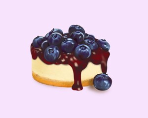 Cheesecake with blueberries with syrup on a pink background, digital drawing art.