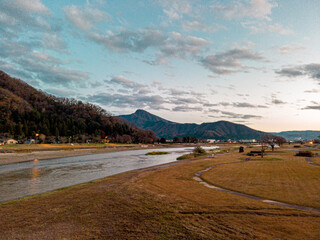 view of Fukui, Japan, mountains and Hino river