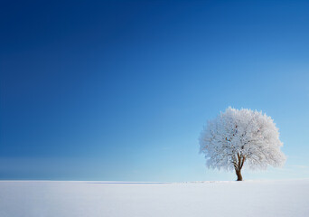 christmas background of frozen lonely tree on snow in winter