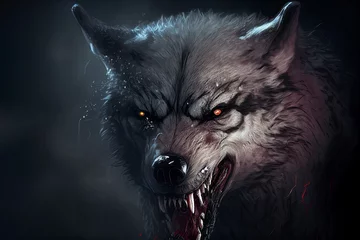 Keuken spatwand met foto scary angry wolf with sharp teeth © ArgitopIA