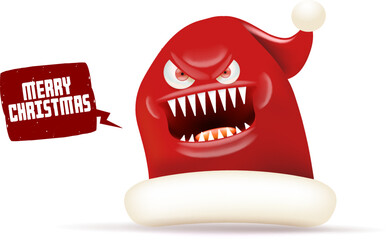 Vector cartoon monster Santa Claus red hat with grinch face isolated on white horizontal background. Merry Christmas greeting card or banner with funny crazy monster Santa Claus hat. Santa hat