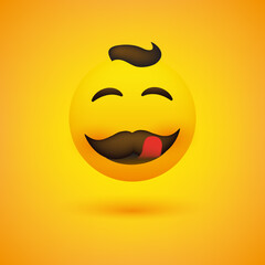Smiling, Mouth Licking Male Emoji with Mustache and Hair - Simple Happy Emoticon on Yellow Background - Vector Design for Web and Instant Messaging