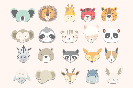 20 cute hand drawn animal faces with cartoon style. Vector illustration for kids suitable for fashion, print, birthday, post cards an others