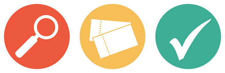 Ticket Suche - Bunter Button Banner mit Eintrittskarten, Lupe und Häkchen