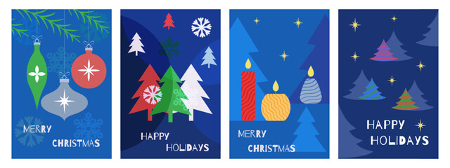 Christmas card with candles, fir trees, Christmas toys in a minimalist style with seasonal wishes in a modern style. Template for postcards, invitations, congratulations, web, social networks, print.