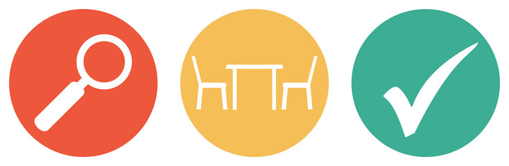 Plätze im Restaurant suchen - Bunter Button Banner mit Tisch und Stuhl, Lupe und Häkchen