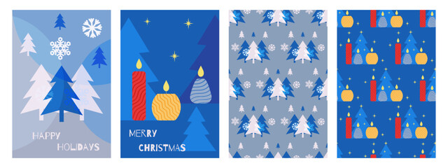 Christmas card with candles, fir trees, minimalist style with seasonal wishes in a modern style. Template for postcards, invitations, congratulations, web, social networks, print. Pattern.