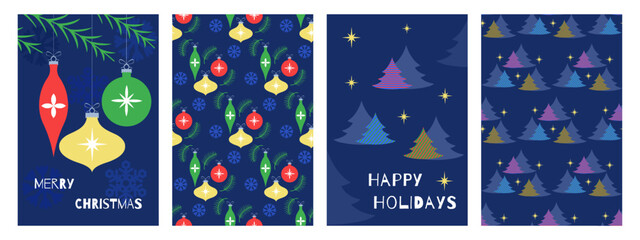 Christmas card with fir trees, Christmas toys in a minimalist style with seasonal wishes in a modern style. Template for postcards, invitations, congratulations, web, social networks, print.