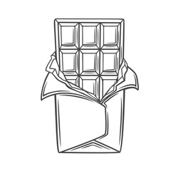 Chocolate bar line icon vector illustration. Hand drawn outline whole open choco block in foil wrapper ready to eat, one dark bitter or milk gourmet chocolate for eating in aluminum and paper cover