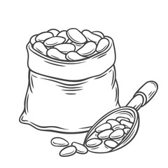 Sack with cacao beans line icon vector illustration. Hand drawn outline burlap bag full of harvest of dry coffee grain for grinder, legumes or ground cacao, jute package sack and scoop with seeds