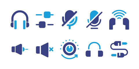Audio icon set. Duotone color. Vector illustration. Containing headphone, equalizer, mute, silent, headphones, decrease, mute, slider, headset, audio jack
