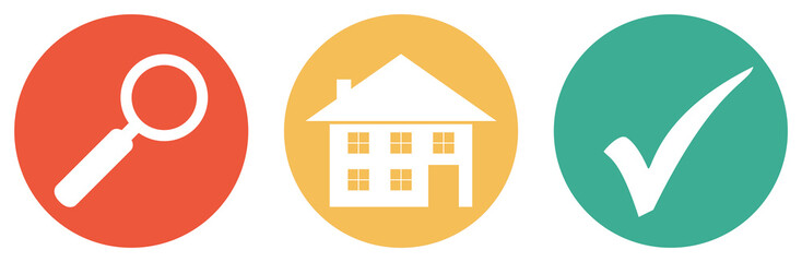Immobiliensuche - Bunter Button Banner mit Haus, Lupe und Häkchen