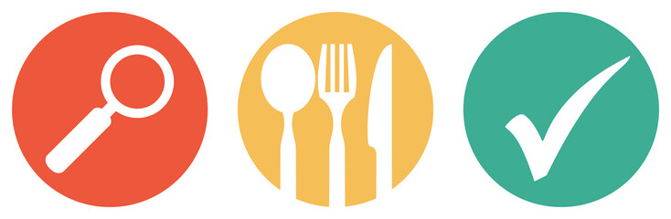 Restaurantsuche - Bunter Button Banner mit Besteck, Lupe und Häkchen