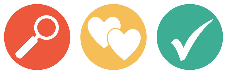 Dating Suche - Bunter Button Banner mit Herzen, Lupe und Häkchen
