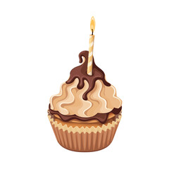 Birthday cupcake vector illustration. Cartoon isolated cake with burning candle in paper cup, liquid chocolate sauce or glaze drops flow, melt over sweet whipped cocoa or coffee cream on cupcake