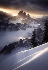 Beautiful winter landscape, dramatic sunset over mountains. AI