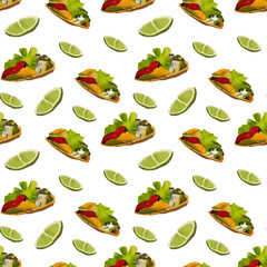 Pattern with Mexican traditional dishes. Taco, burrito, lime. Seamless pattern in cartoon style.