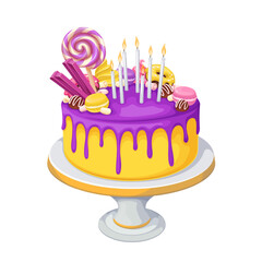 Birthday cake vector illustration. Cartoon isolated cake gift decorated of candles with fire and candy on stick, yellow and purple macaroons, glaze drips and chocolate bar on top of delicious cream