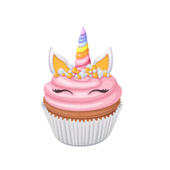 Unicorn cupcake vector illustration. Cartoon isolated cake decorated with cute rainbow horn and pink whipped cream, eyes and ears of unicorn magical character, cupcake in paper cup for kids birthday