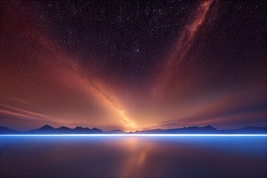 Starry sky over mountain peaks, milky way reflected in lake. AI