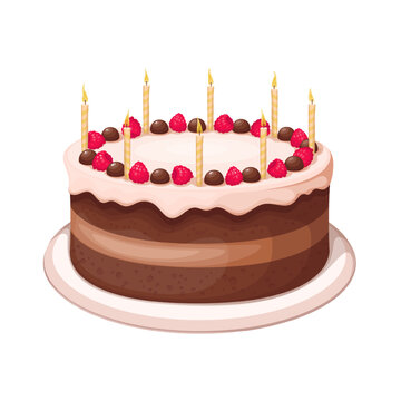 Birthday cake vector illustration. Cartoon isolated cake gift on plate, layers of chocolate biscuit and cream with icing on top, candles with fire, raspberry and candy decoration around border