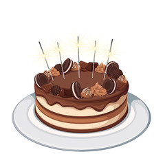 Chocolate cake vector illustration. Cartoon isolated cake from layers of chocolate biscuit and cream on plate, choco brown icing, candy and cookies on festive dessert illuminated with sparklers