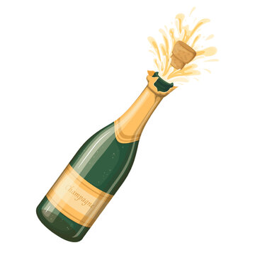 Bottle of champagne with flying cork vector illustration. Cartoon isolated elegant bottle with gold label for Happy Birthday, Christmas and New Year greetings, splashes explosion of sparkling wine
