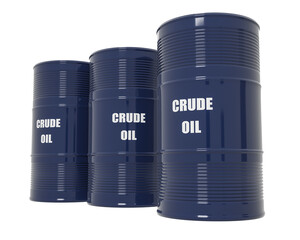 Oil barrels with sign Crude Oil against isolated background, 3d rendering. Oil refinery, fossil...