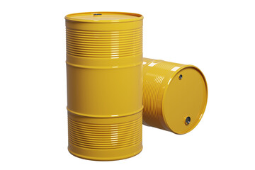 Yellow oil barrels against isolated background, 3d rendering. Oil refinery and trading, fossil fuels industry concepts