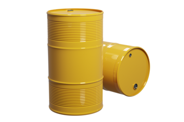 Yellow oil barrels against isolated background, 3d rendering. Oil refinery and trading, fossil fuels industry concepts