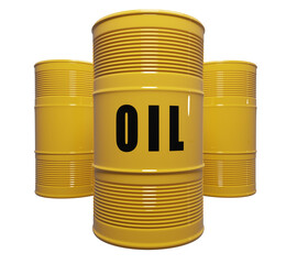 Yellow oil barrels against isolated background, 3d rendering. Oil refinery and trading, fossil fuels industry concepts