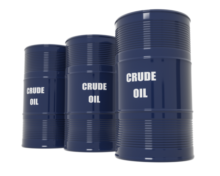 Oil barrels with sign Crude Oil against isolated background, 3d rendering. Oil refinery, fossil fuel business and industry concept