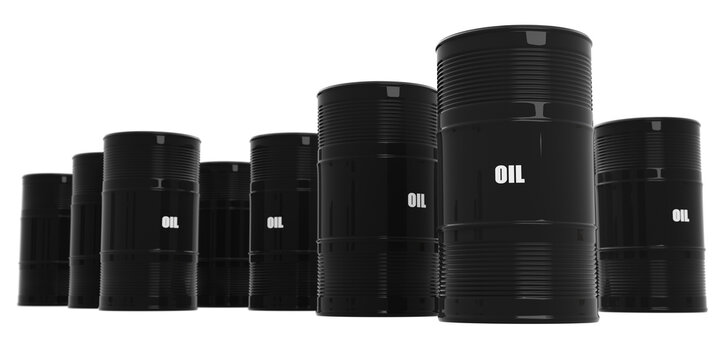 Black barrels with Oil sign against yellow background, 3d rendering. Fossil fuel industry, oil trading, large business and economy concepts